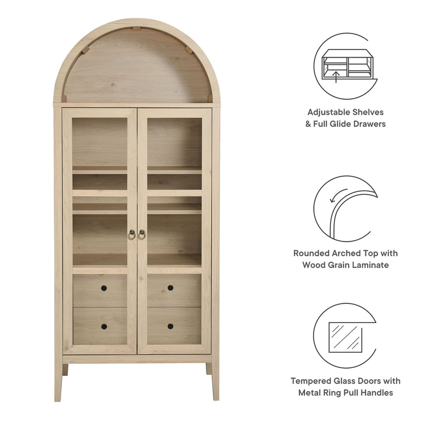 Percale Tall Arched Storage Display Cabinet in Light Oak