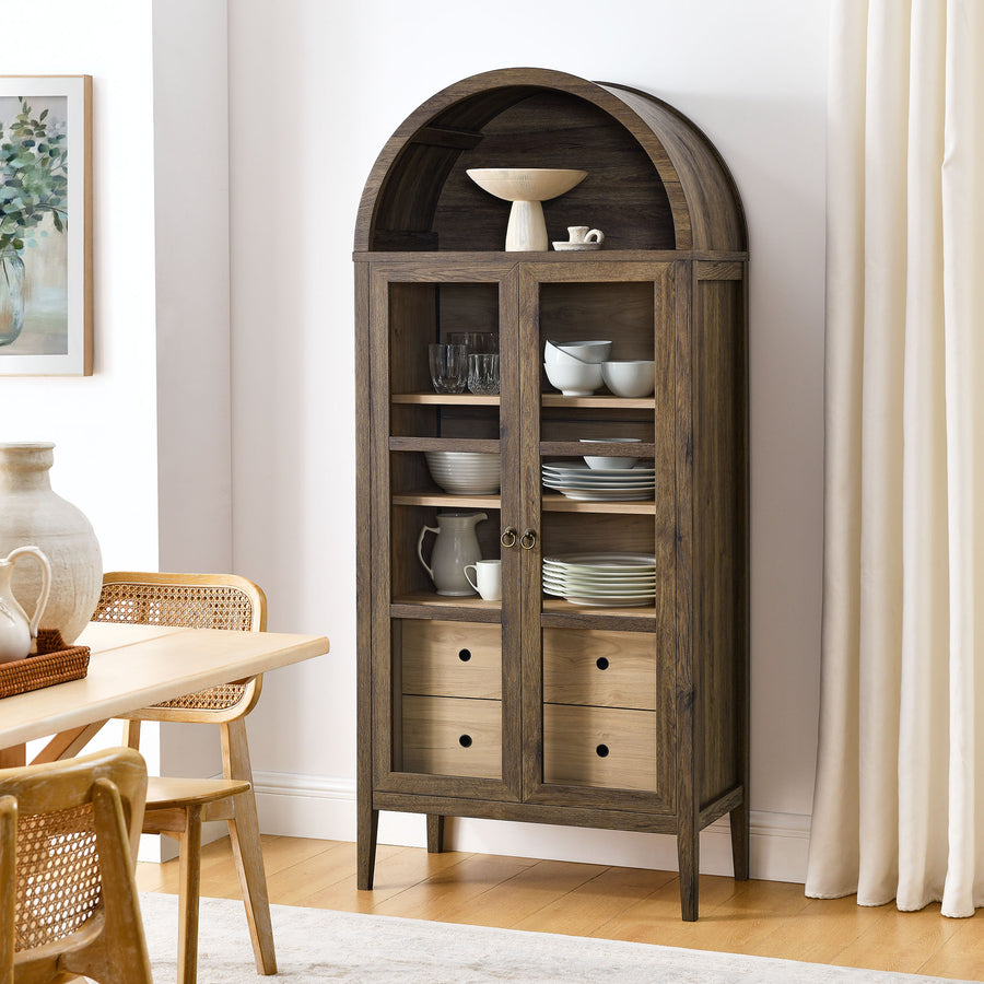 Percale Tall Arched Storage Display Cabinet in Walnut Hickory