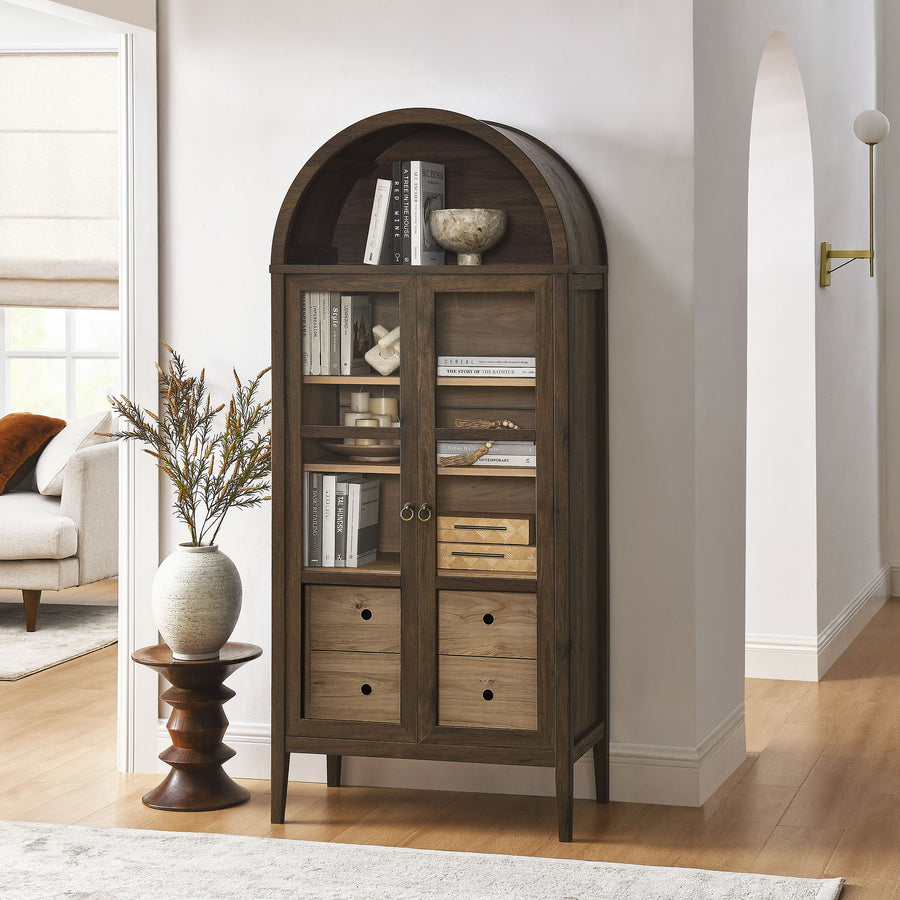 Percale Tall Arched Storage Display Cabinet in Walnut Hickory