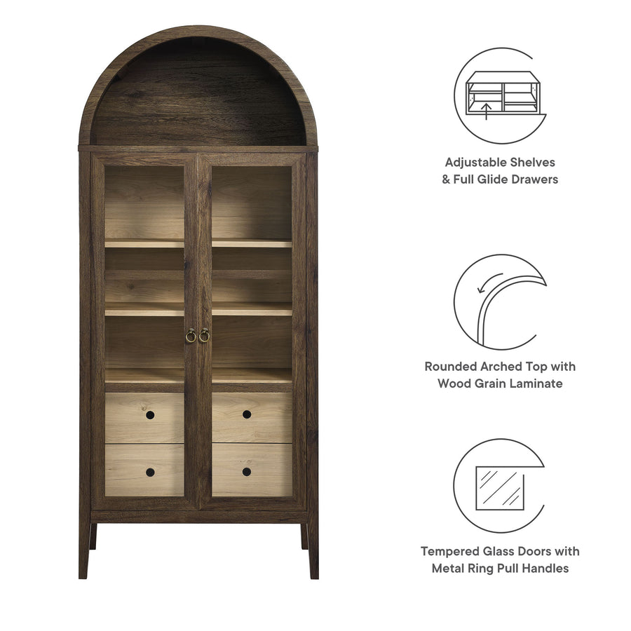 Percale Tall Arched Storage Display Cabinet in Walnut Hickory