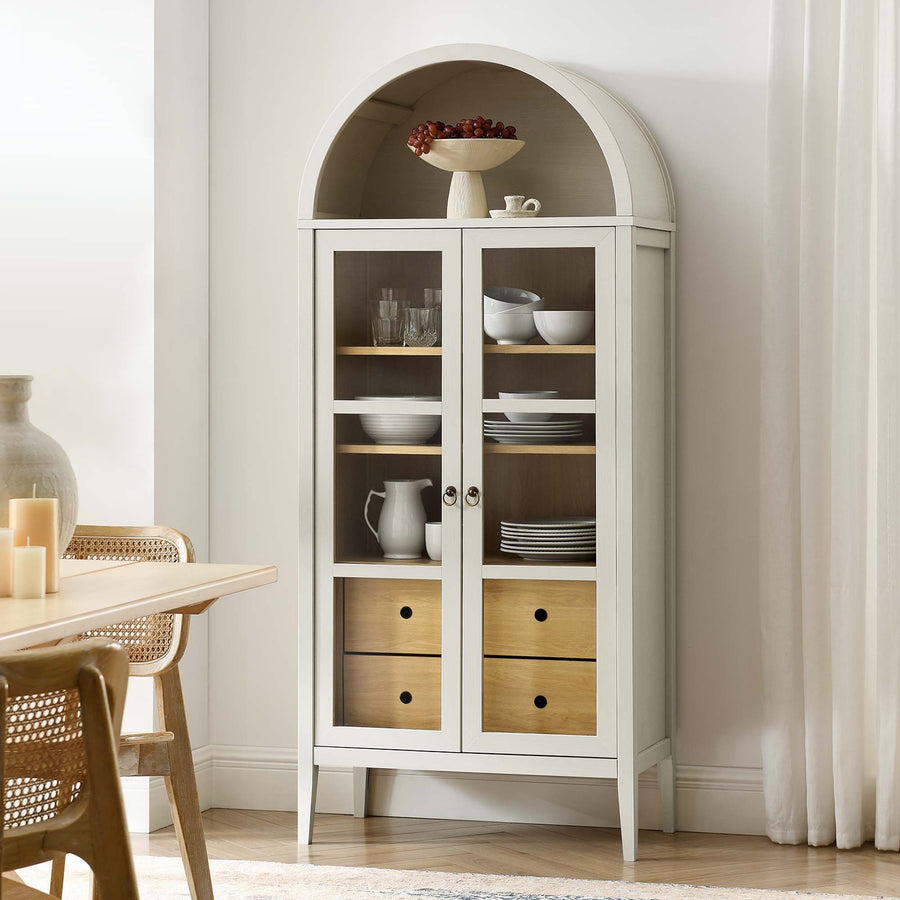 Percale Tall Arched Storage Display Cabinet in White Oak