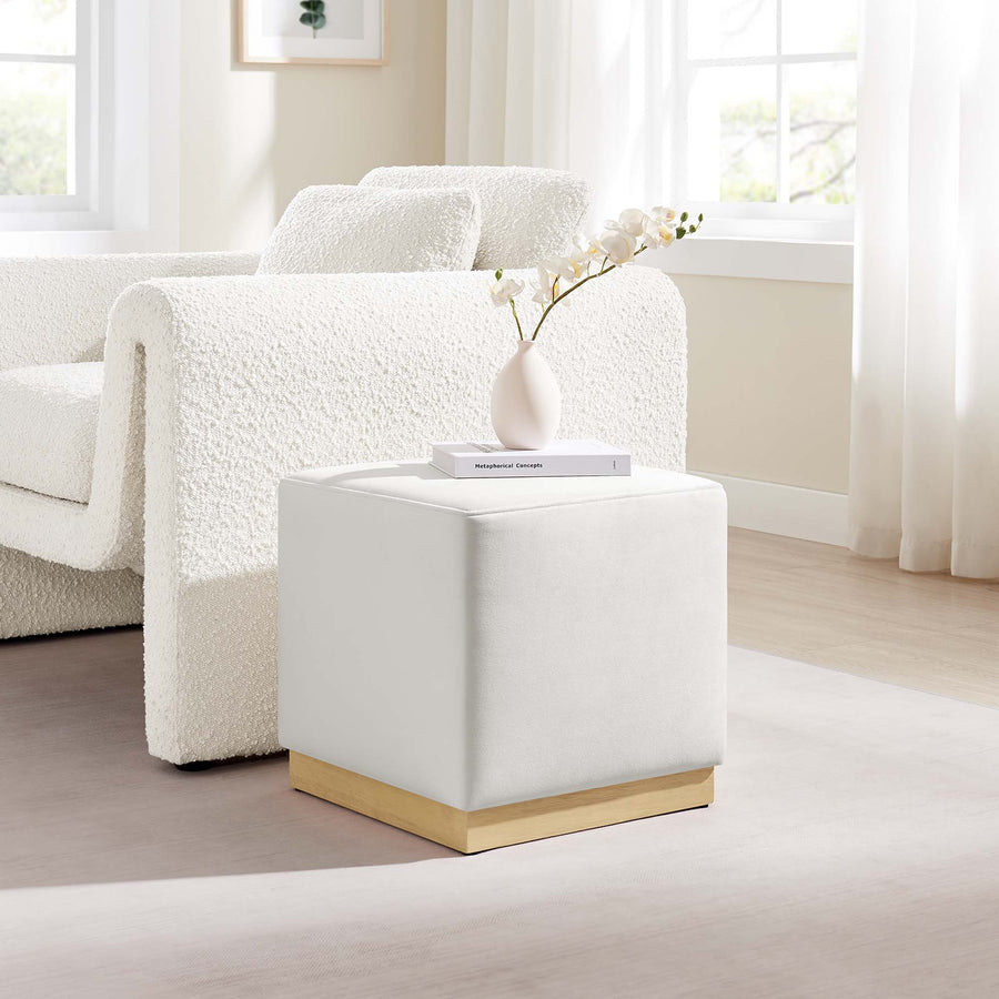 Maple 17" Square Performance Velvet Upholstered Ottoman in Alabaster Natural