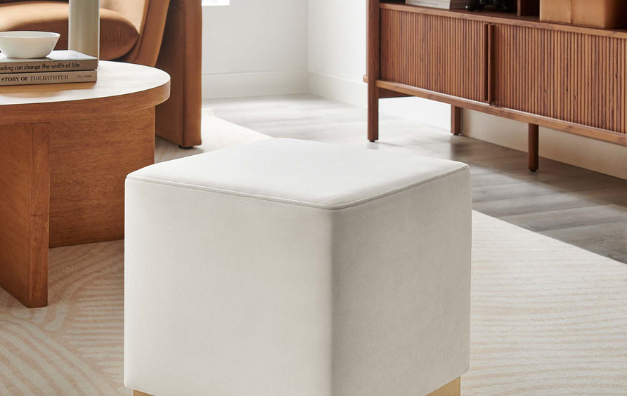 Maple 17" Square Performance Velvet Upholstered Ottoman in Alabaster Natural