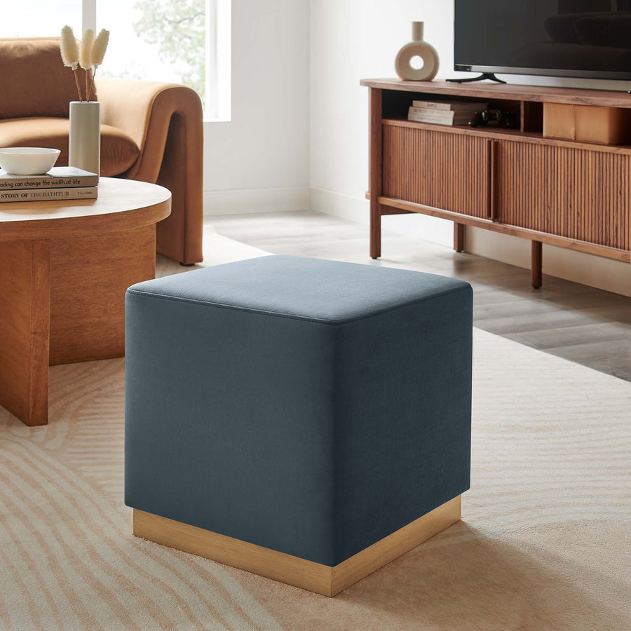 Maple 17" Square Performance Velvet Upholstered Ottoman in Cadet Blue Natural