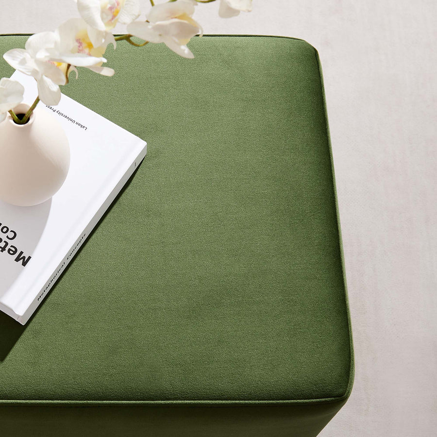 Maple 17" Square Performance Velvet Upholstered Ottoman in Moss Green Natural