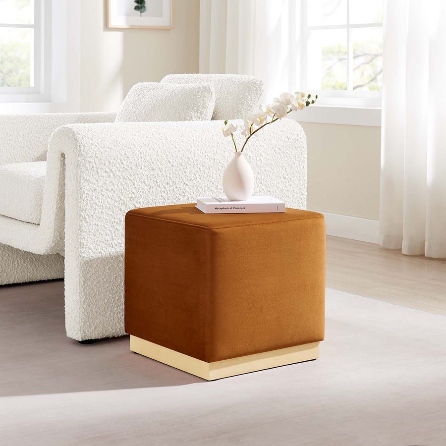 Maple 17" Square Performance Velvet Upholstered Ottoman in Rust Natural
