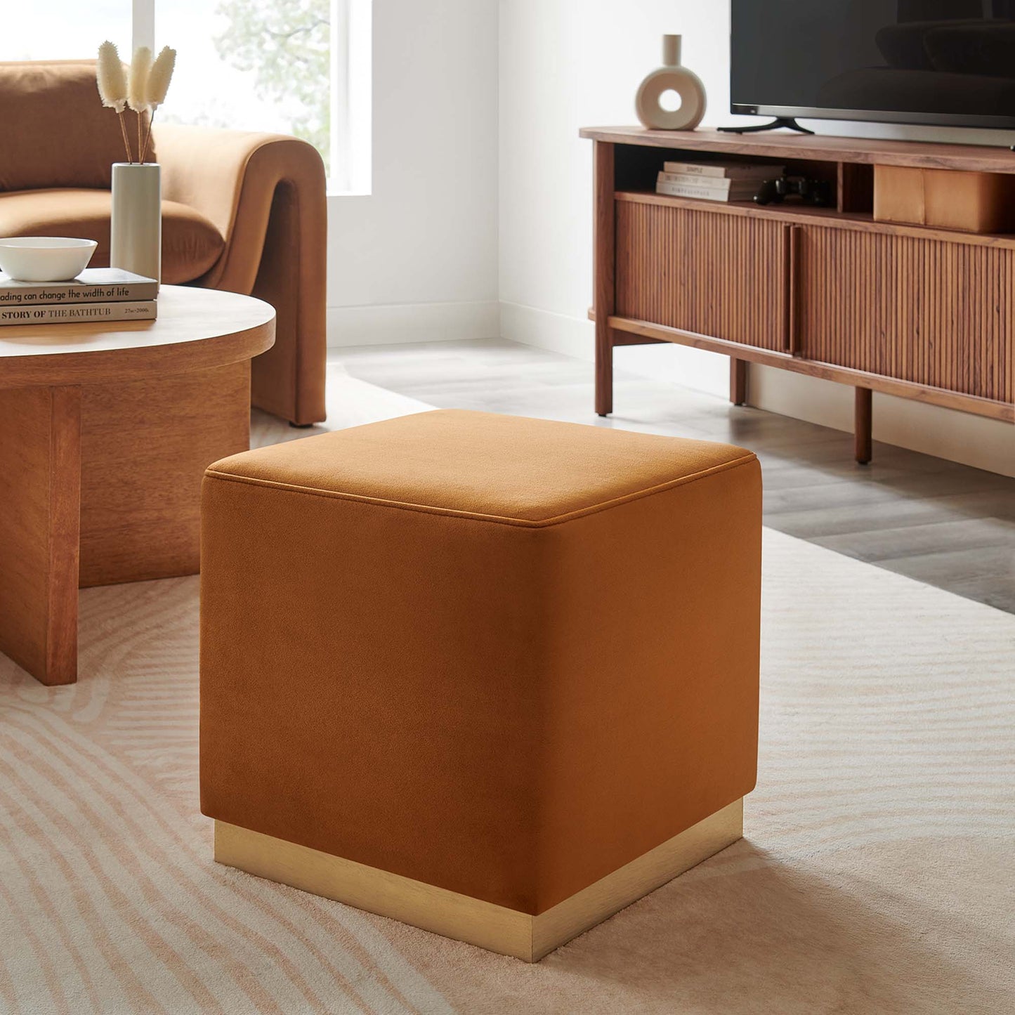Tilden 17" Square Performance Velvet Upholstered Ottoman by Furniture For America