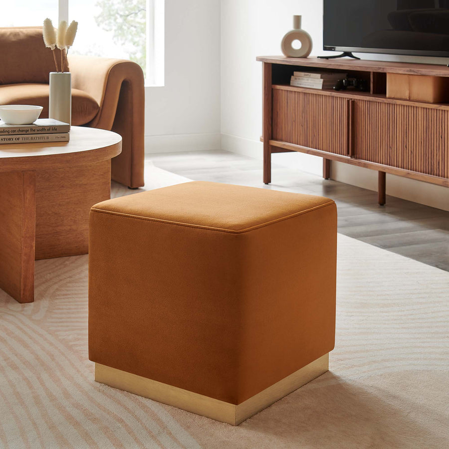 Maple 17" Square Performance Velvet Upholstered Ottoman in Rust Natural