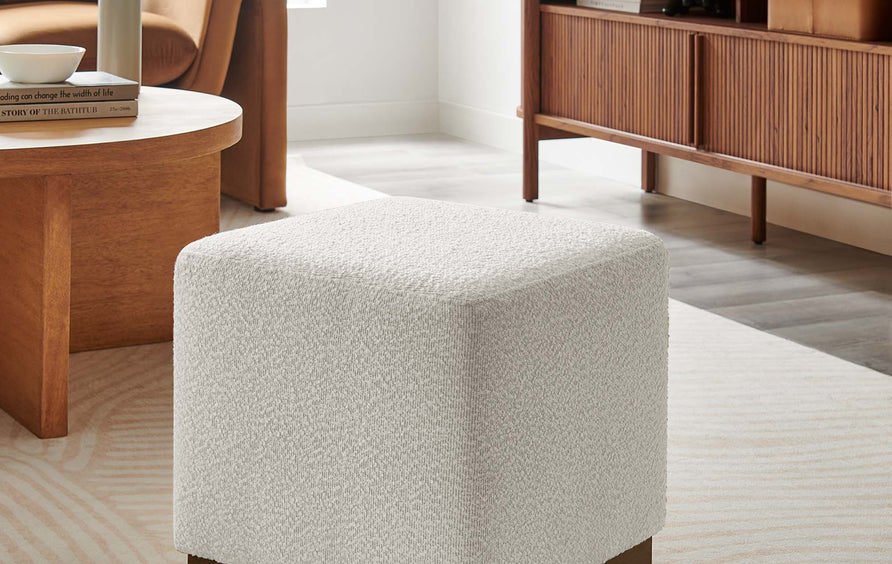 Maple 17" Square Boucle Upholstered Ottoman in Cloud Walnut