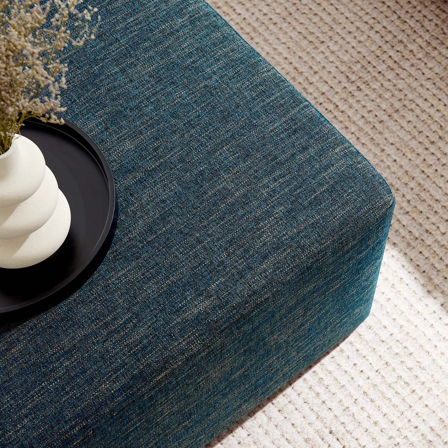 Oren Large 28" Square Woven Heathered Fabric Upholstered Ottoman in Heathered Weave Azure