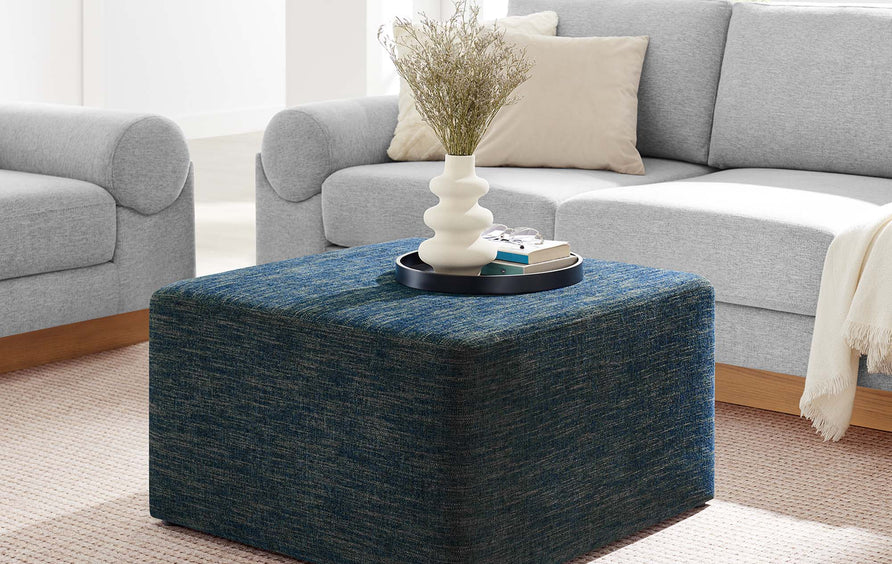 Oren Large 28" Square Woven Heathered Fabric Upholstered Ottoman in Heathered Weave Azure