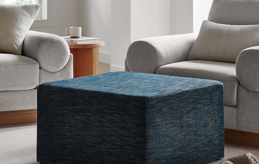 Oren Large 28" Square Woven Heathered Fabric Upholstered Ottoman in Heathered Weave Azure