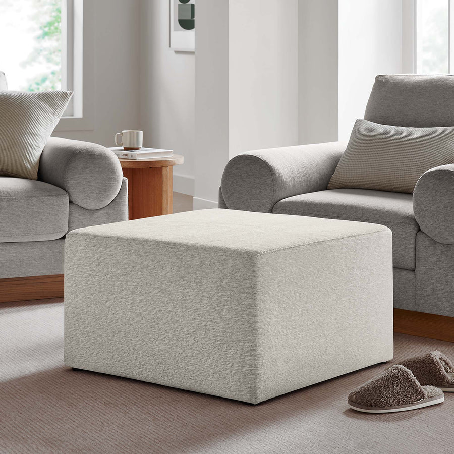Oren Large 28" Square Woven Heathered Fabric Upholstered Ottoman in Heathered Weave Ivory