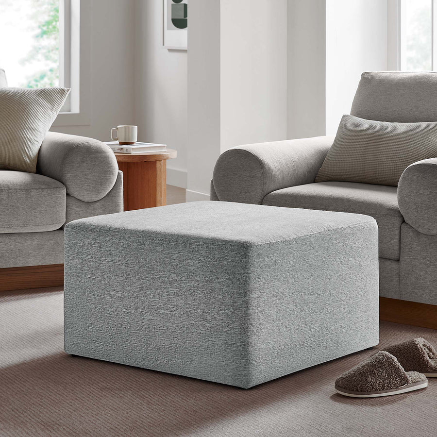 Oren Large 28" Square Woven Heathered Fabric Upholstered Ottoman in Heathered Weave Light Gray