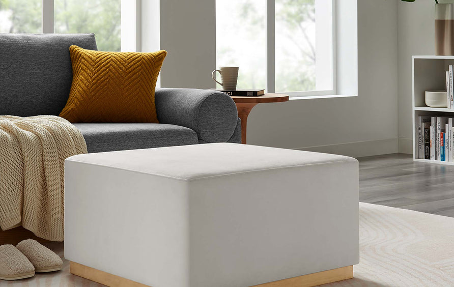 Maple Large 28" Square Performance Velvet Upholstered Ottoman in Alabaster Natural