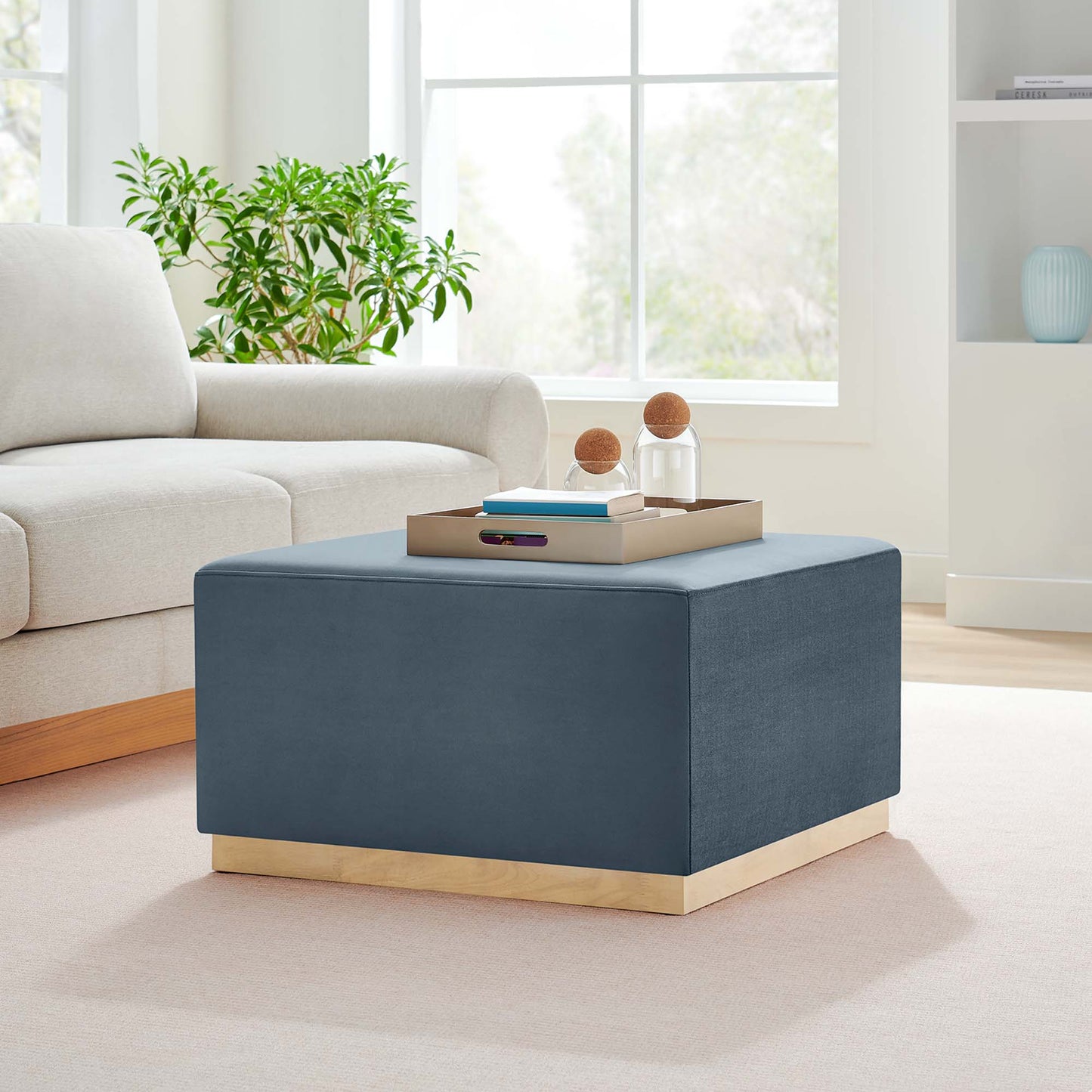 Tilden Large 28" Square Performance Velvet Upholstered Ottoman by Furniture For America