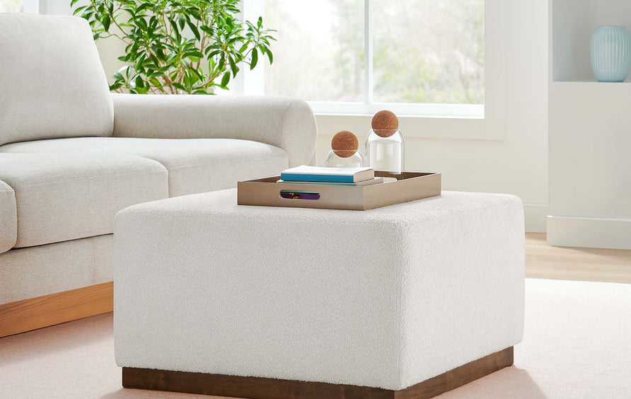Maple Large 28" Square Boucle Upholstered Ottoman in Cloud Walnut