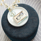 Oren Large 23" Round Woven Heathered Fabric Upholstered Ottoman in Heathered Weave Azure