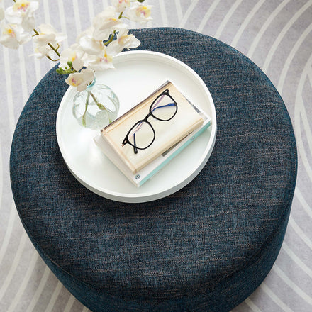 Callum Large 23" Round Woven Heathered Fabric Upholstered Ottoman in Heathered Weave Azure