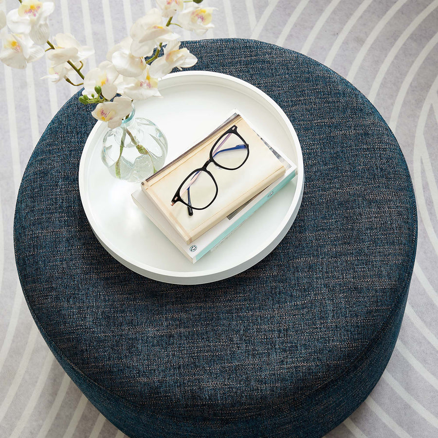 Oren Large 23" Round Woven Heathered Fabric Upholstered Ottoman in Heathered Weave Azure