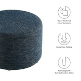 Oren Large 23" Round Woven Heathered Fabric Upholstered Ottoman in Heathered Weave Azure
