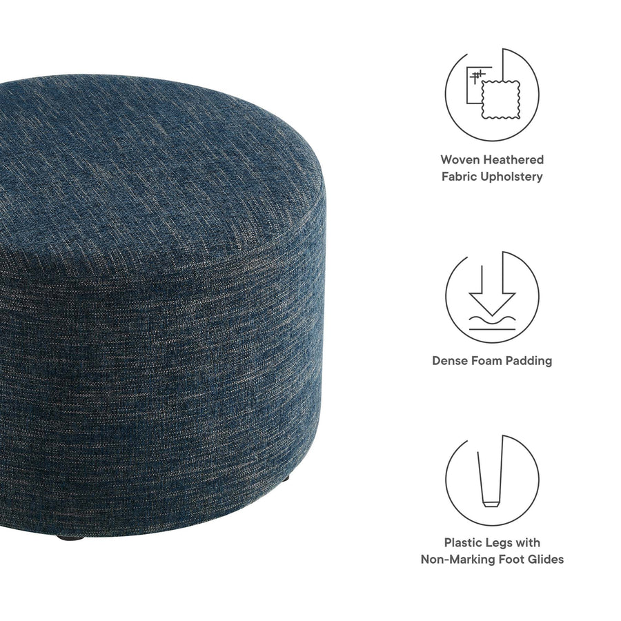 Oren Large 23" Round Woven Heathered Fabric Upholstered Ottoman in Heathered Weave Azure
