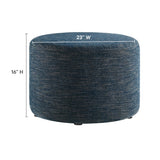 Oren Large 23" Round Woven Heathered Fabric Upholstered Ottoman in Heathered Weave Azure