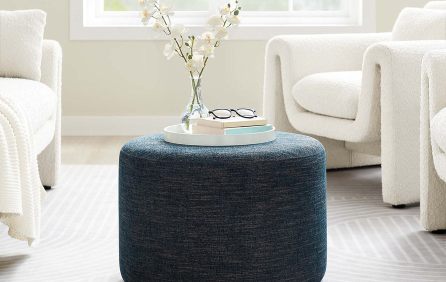 Oren Large 23" Round Woven Heathered Fabric Upholstered Ottoman in Heathered Weave Azure