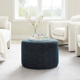 Oren Large 23" Round Woven Heathered Fabric Upholstered Ottoman in Heathered Weave Azure