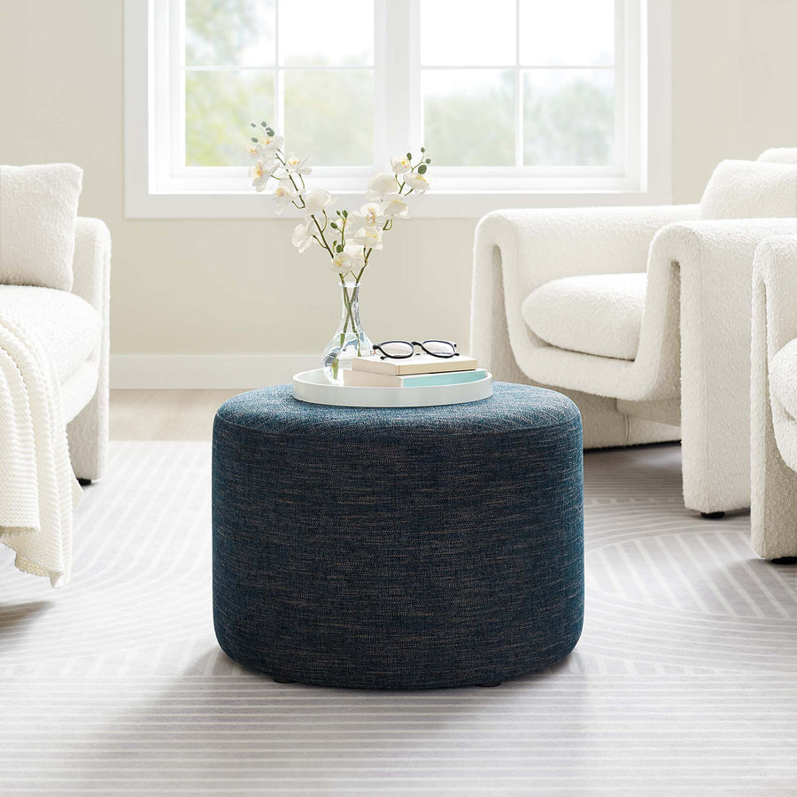 Oren Large 23" Round Woven Heathered Fabric Upholstered Ottoman in Heathered Weave Azure