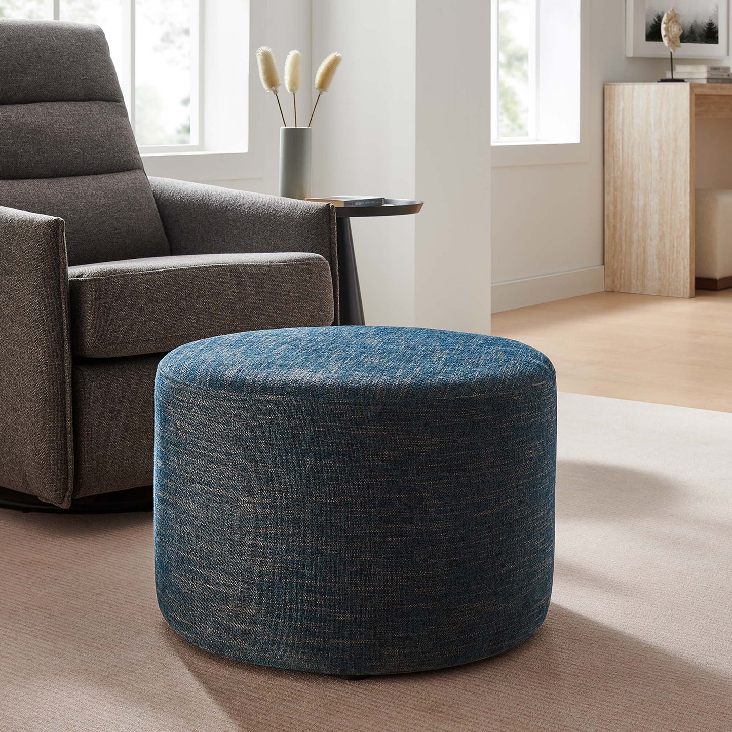 Callum Large 23" Round Woven Heathered Fabric Upholstered Ottoman by Furniture For America