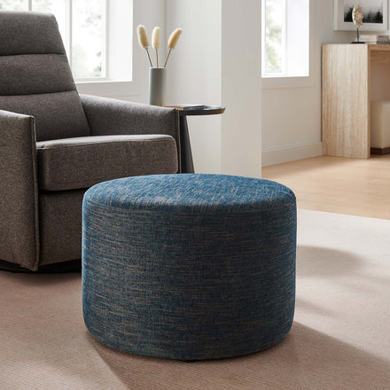 Callum Large 23" Round Woven Heathered Fabric Upholstered Ottoman in Heathered Weave Azure