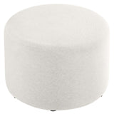 Oren Large 23" Round Woven Heathered Fabric Upholstered Ottoman in Heathered Weave Ivory
