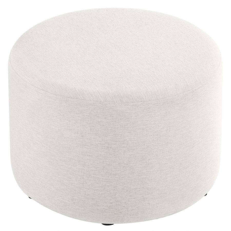 Oren Large 23" Round Woven Heathered Fabric Upholstered Ottoman in Heathered Weave Ivory