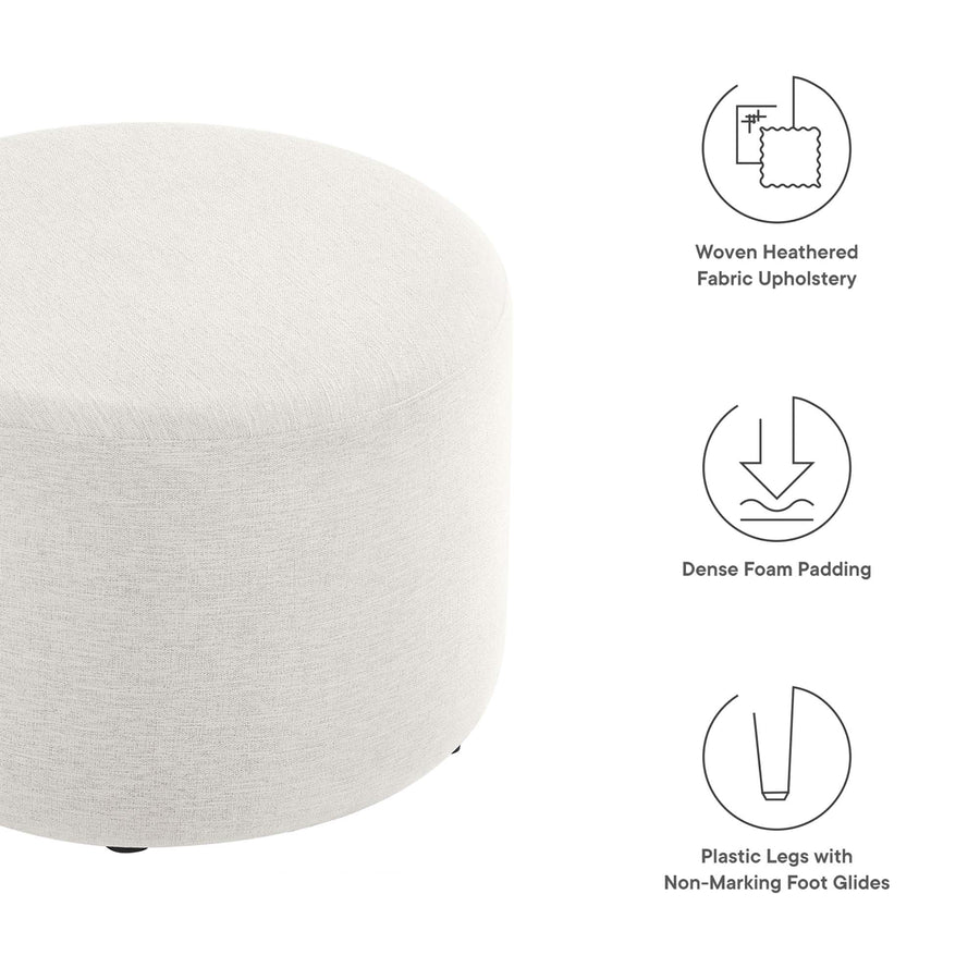 Oren Large 23" Round Woven Heathered Fabric Upholstered Ottoman in Heathered Weave Ivory