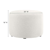 Oren Large 23" Round Woven Heathered Fabric Upholstered Ottoman in Heathered Weave Ivory