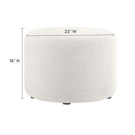 Callum Large 23" Round Woven Heathered Fabric Upholstered Ottoman in Heathered Weave Ivory