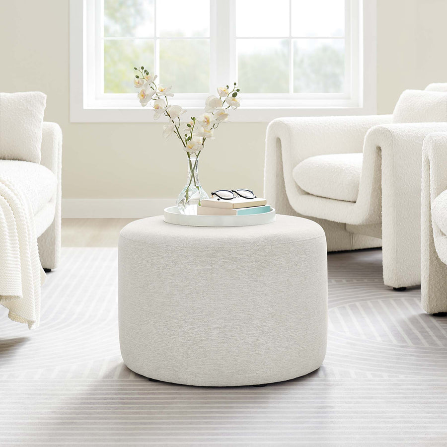 Oren Large 23" Round Woven Heathered Fabric Upholstered Ottoman in Heathered Weave Ivory