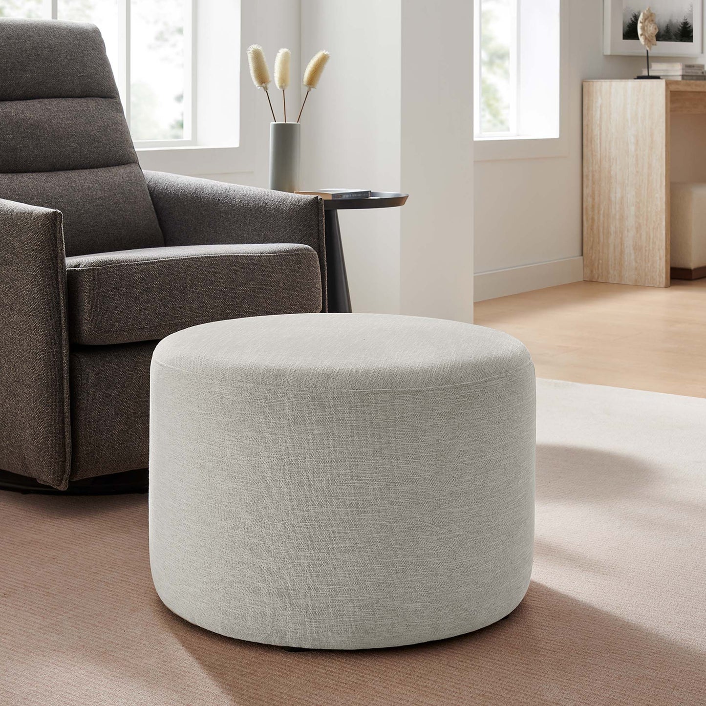 Callum Large 23" Round Woven Heathered Fabric Upholstered Ottoman by Furniture For America