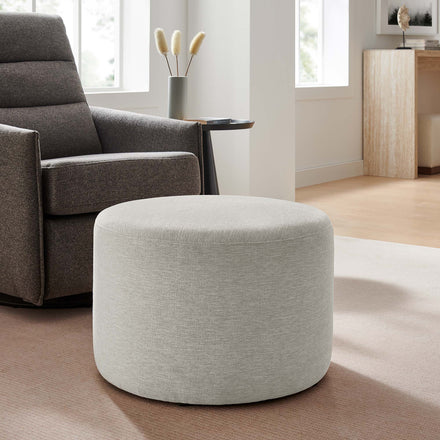 Callum Large 23" Round Woven Heathered Fabric Upholstered Ottoman in Heathered Weave Ivory