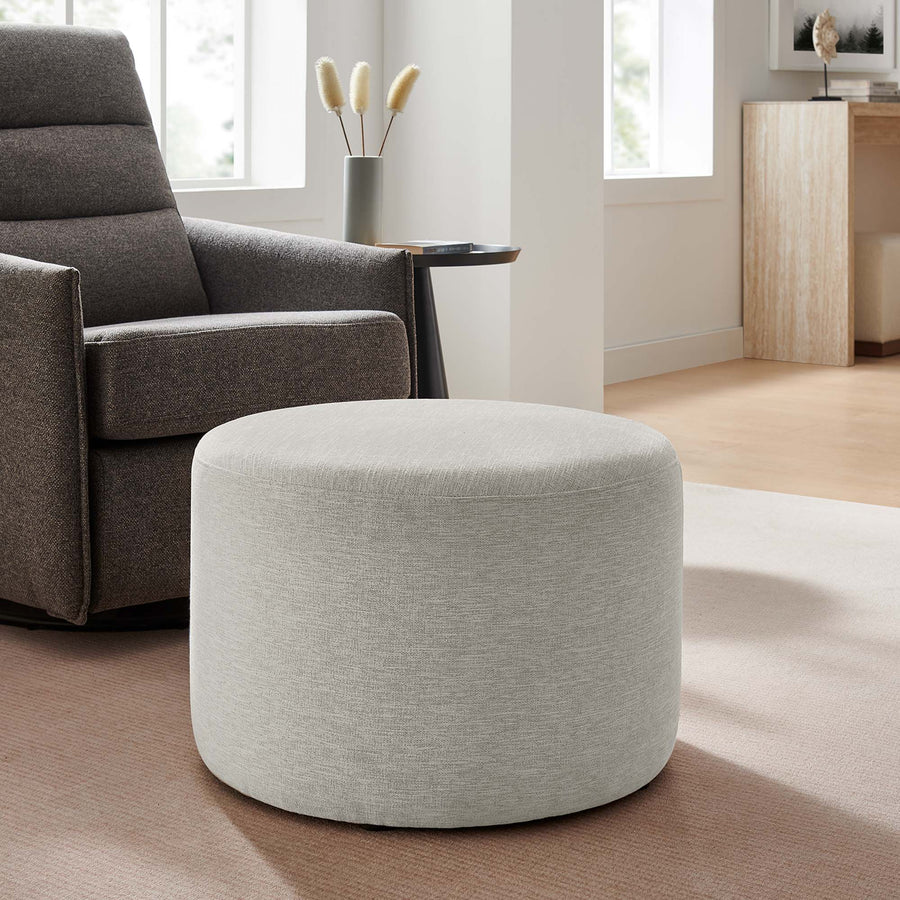 Oren Large 23" Round Woven Heathered Fabric Upholstered Ottoman in Heathered Weave Ivory