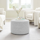Oren Large 23" Round Woven Heathered Fabric Upholstered Ottoman in Heathered Weave Light Gray