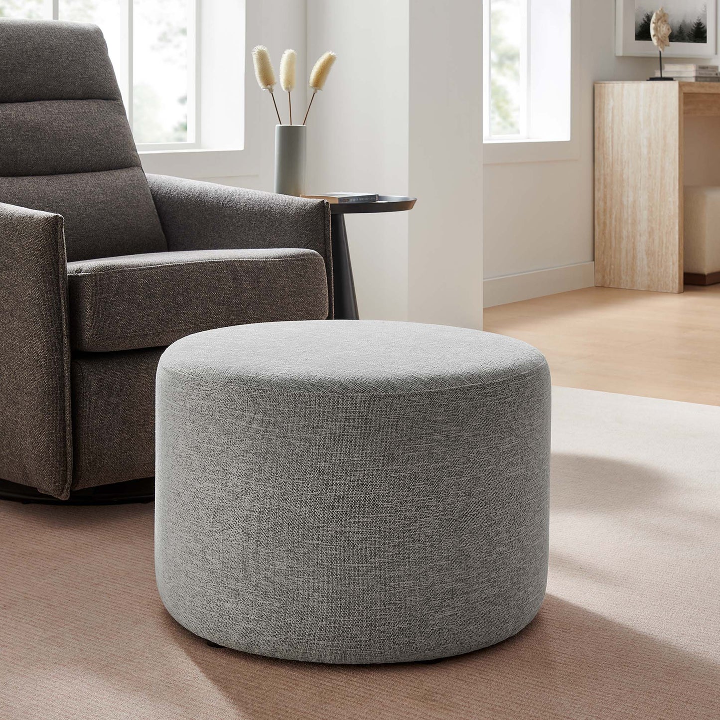 Callum Large 23" Round Woven Heathered Fabric Upholstered Ottoman by Furniture For America