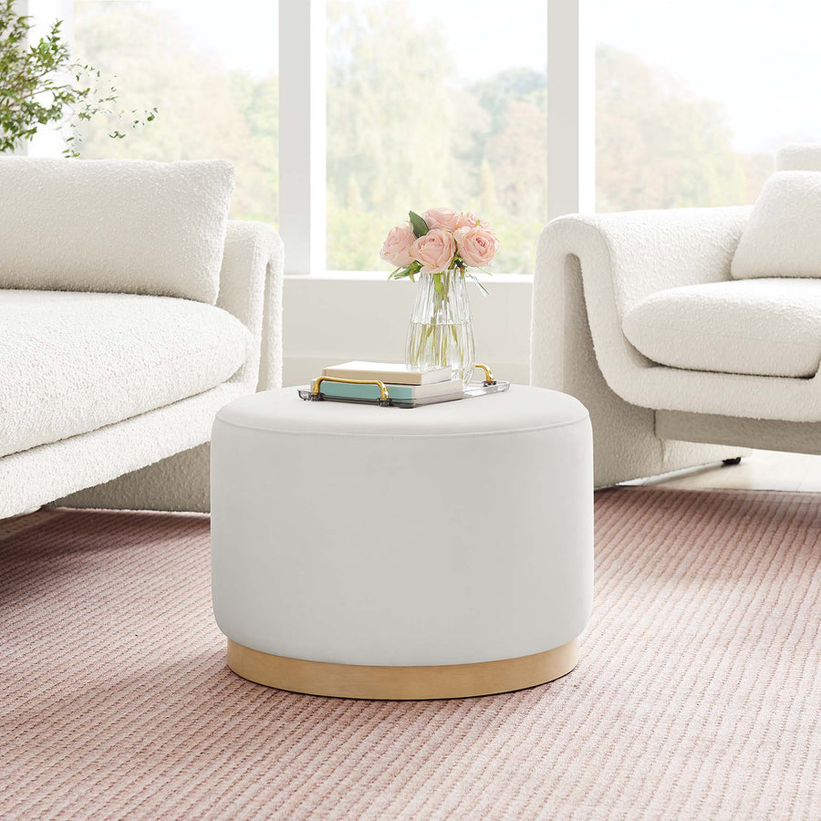 Maple Large 23" Round Performance Velvet Upholstered Ottoman in Alabaster Natural