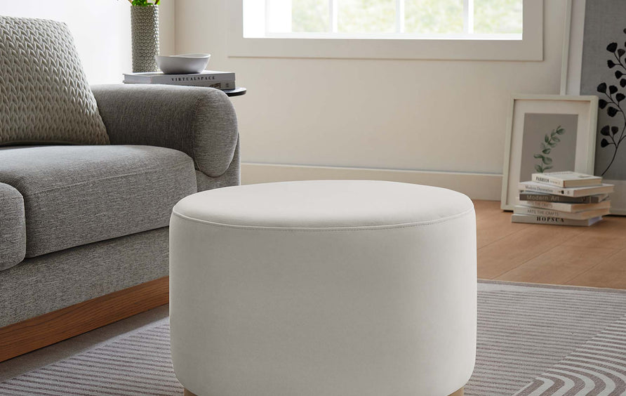 Maple Large 23" Round Performance Velvet Upholstered Ottoman in Alabaster Natural