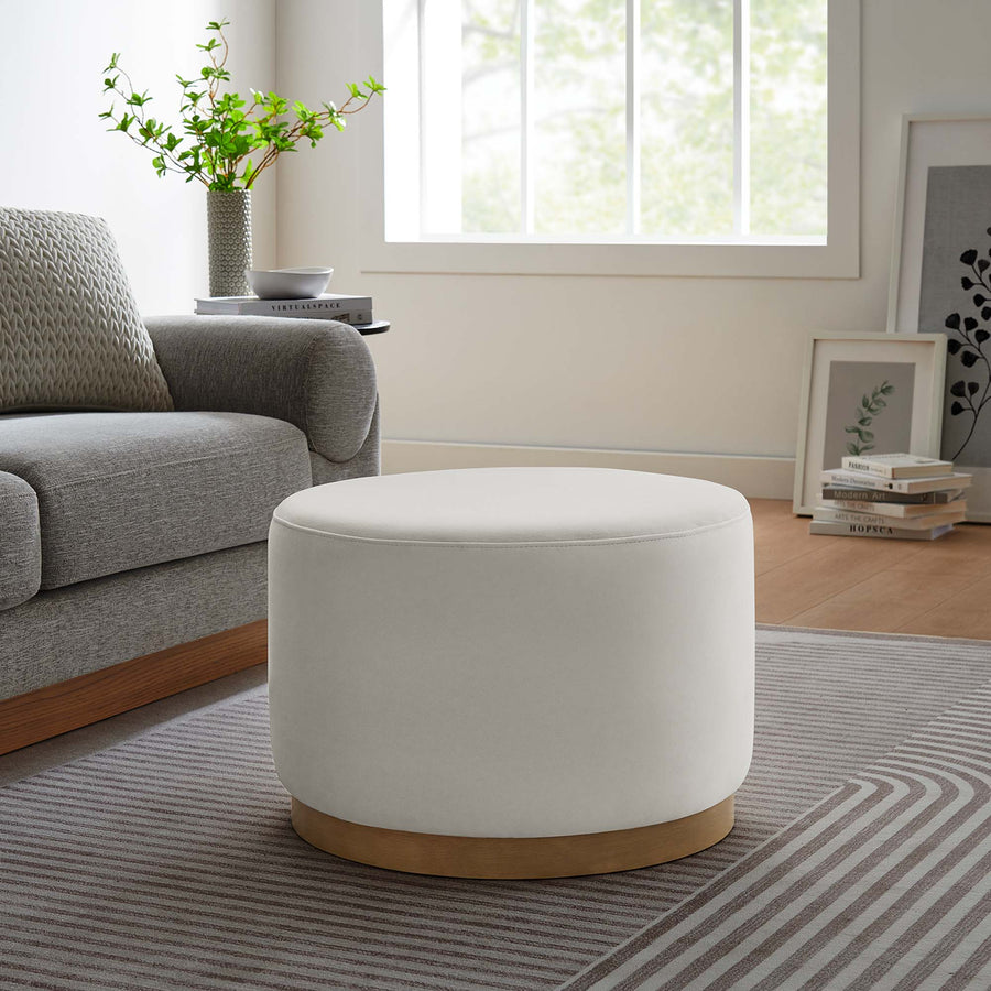 Maple Large 23" Round Performance Velvet Upholstered Ottoman in Alabaster Natural