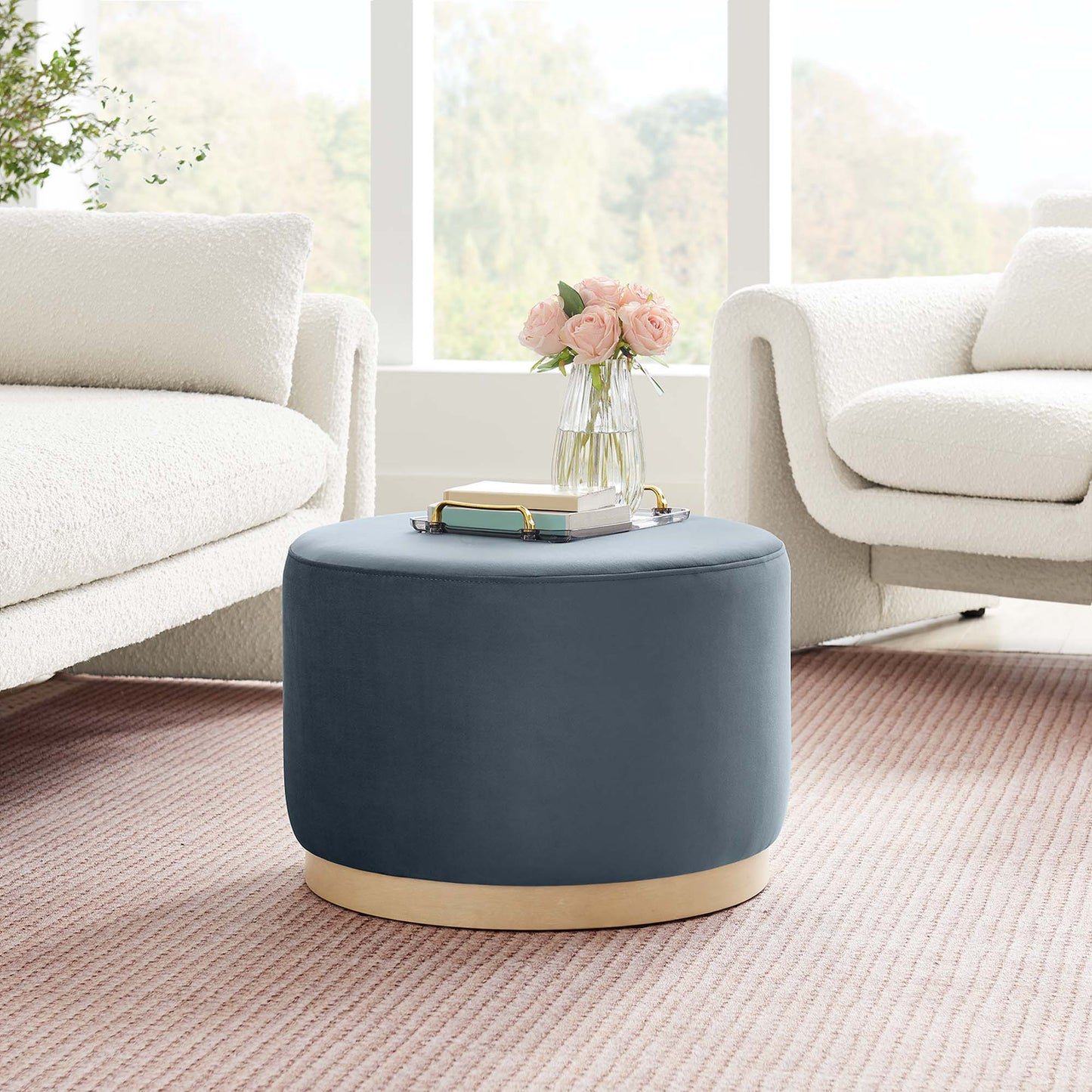 Tilden Large 23" Round Performance Velvet Upholstered Ottoman by Furniture For America