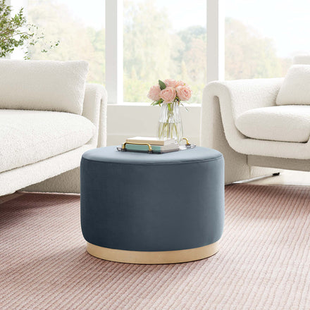Tilden Large 23" Round Performance Velvet Upholstered Ottoman in Cadet Blue Natural