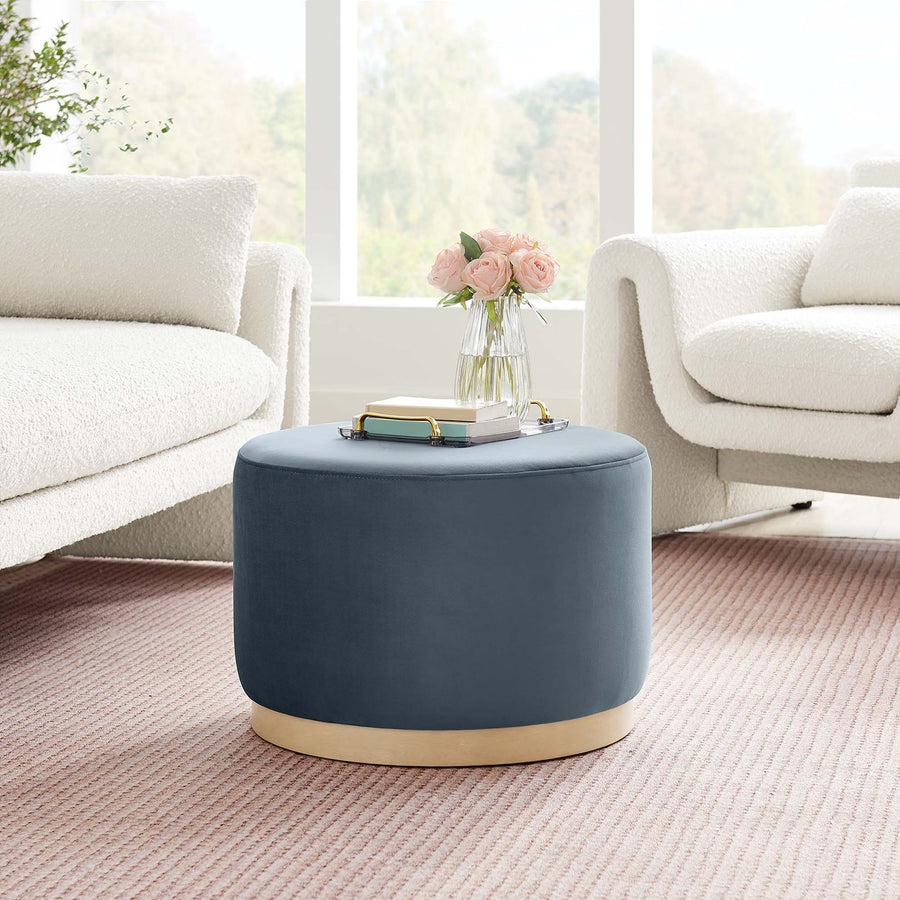 Maple Large 23" Round Performance Velvet Upholstered Ottoman in Cadet Blue Natural