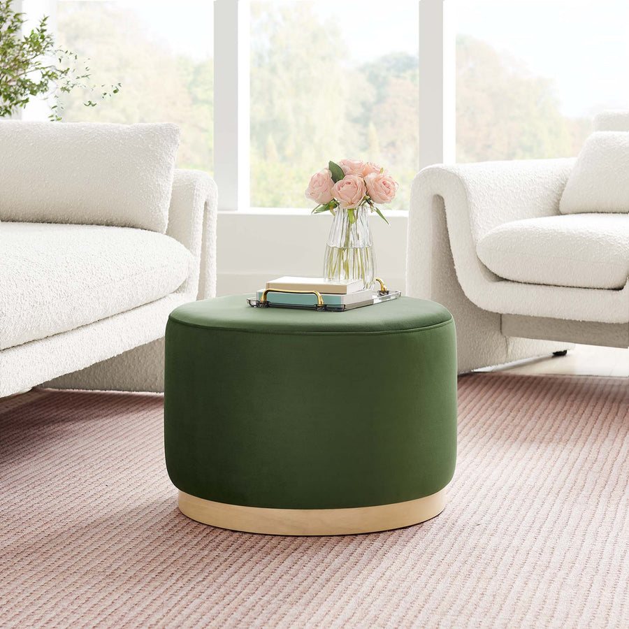 Maple Large 23" Round Performance Velvet Upholstered Ottoman in Moss Green Natural